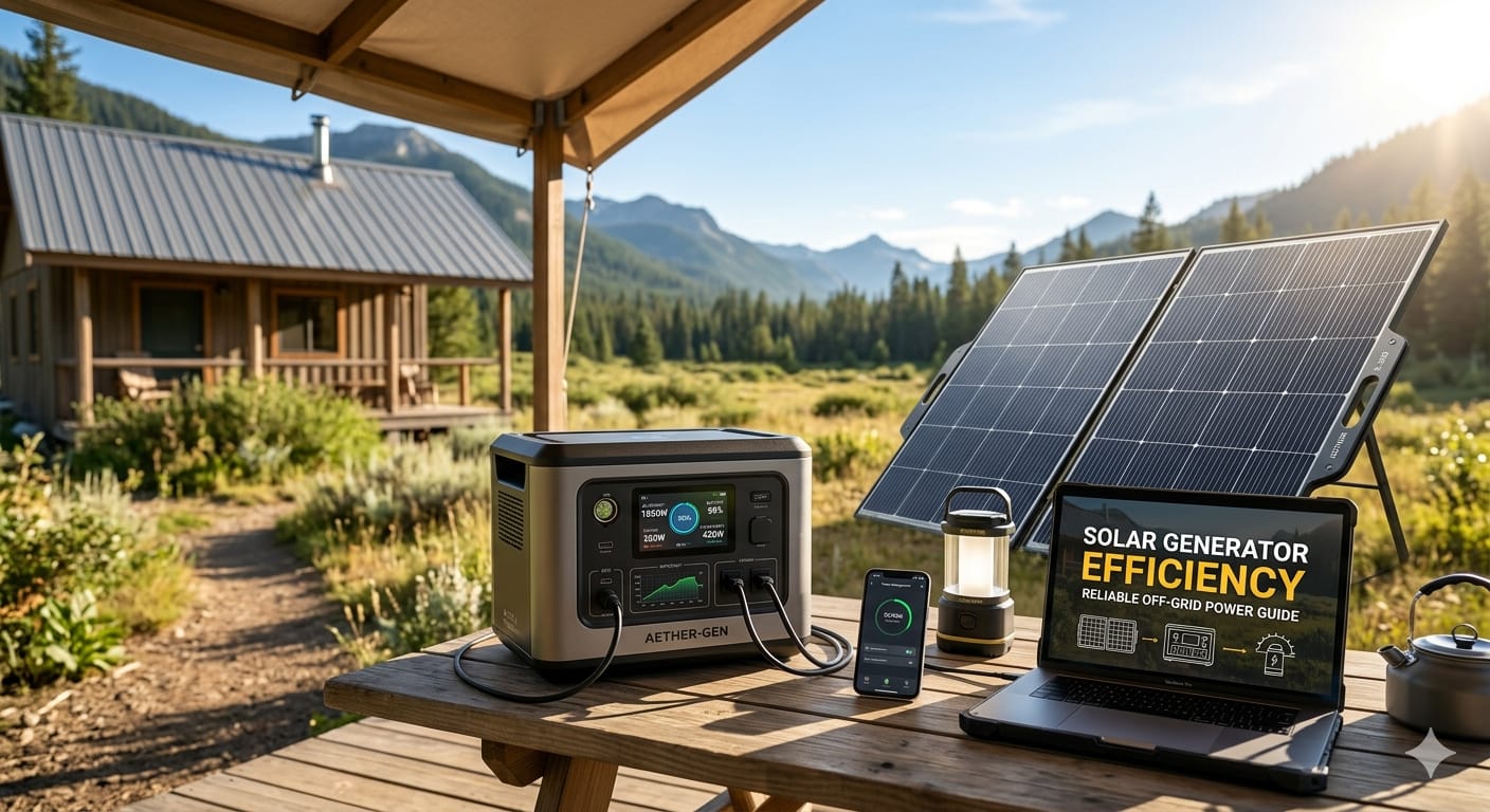 AETHER-GEN portable solar power station demonstrating efficiency by powering a remote cabin." Solar Generator Efficiency Reliable Off-Grid Power Guide