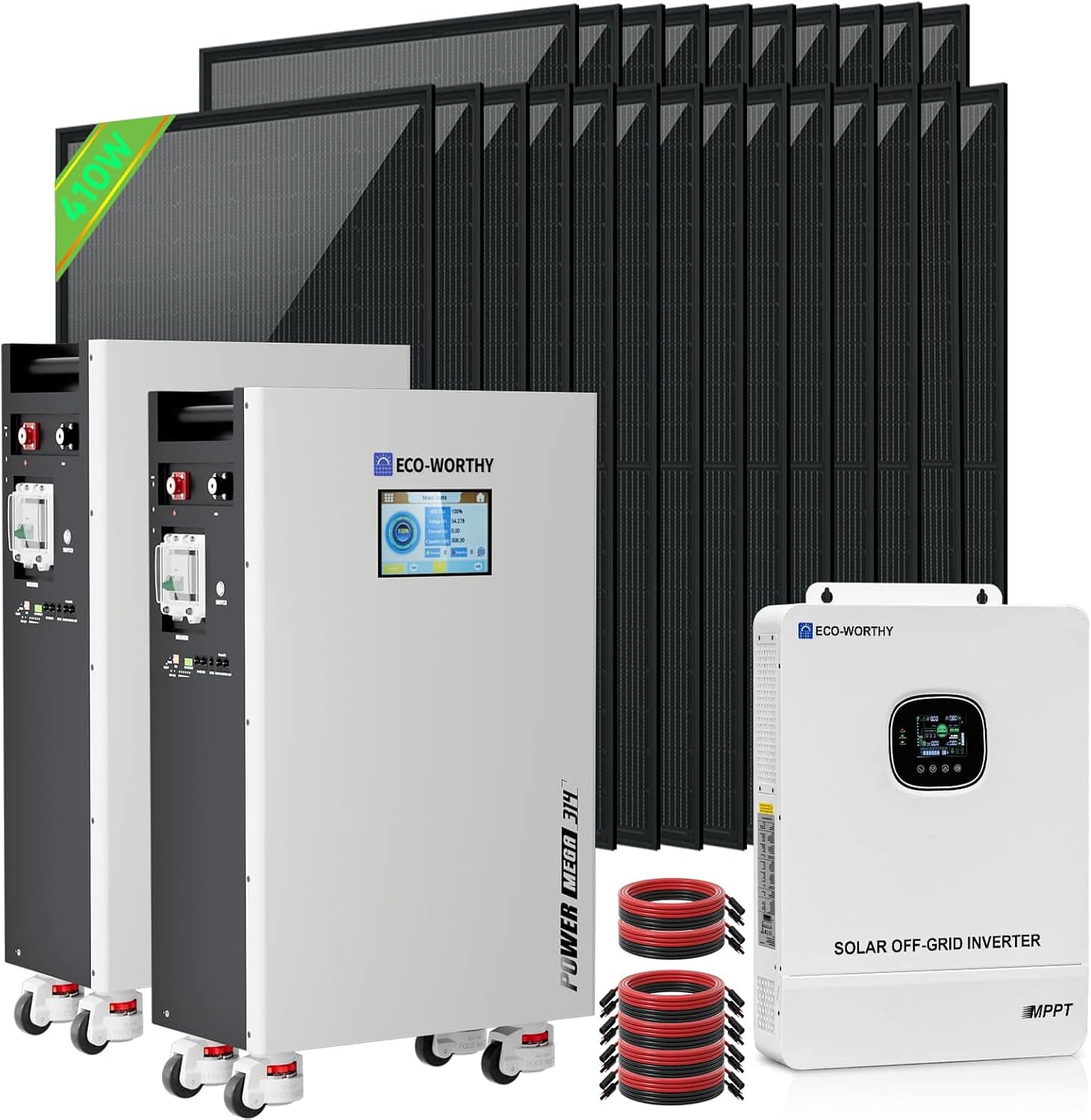 ECO-WORTHY 10kW Solar Kit with 10,000W output, 9840W solar panels, and 32.2kWh storage for efficient home energy.