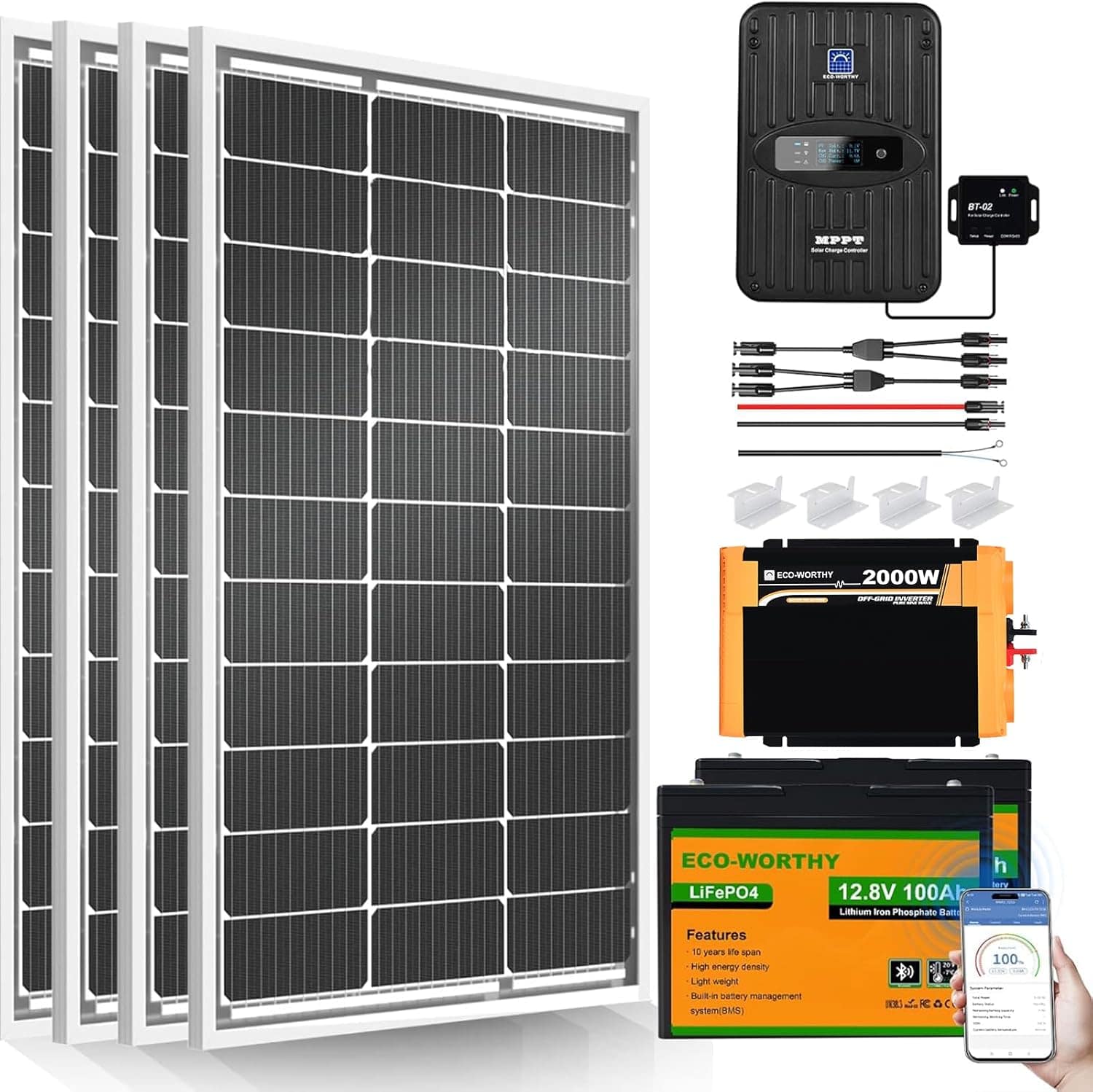 ECO-Worthy Solar Panel Kit includes 400W panels, MPPT controller, and lithium battery for efficient off-grid power use.