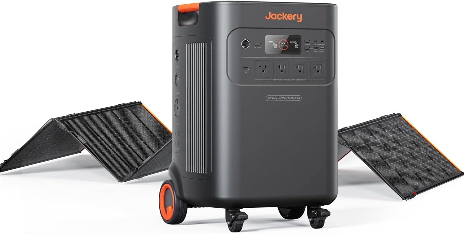 Jackery Solar Generator 5000 Plus with 5040Wh LiFePO4 battery and 7200W AC output.